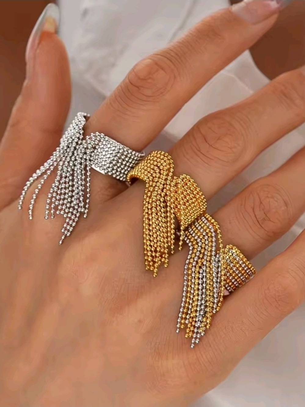 Gold Beaded Tassel Cuff Rings- Women Jewelry - Picture 5 of 8